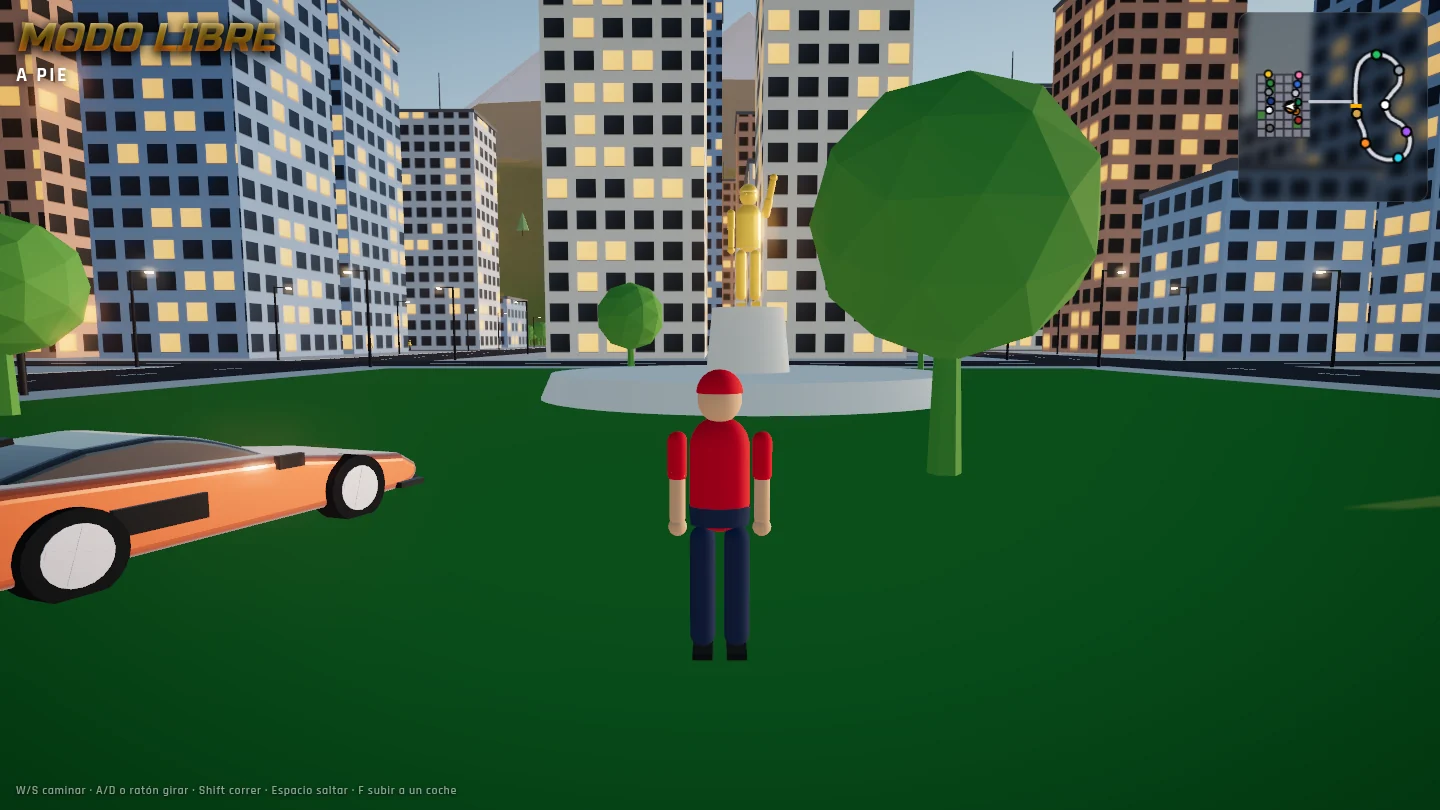 Augusto a pie en la plaza de Ciudad Augusto, junto a su auto aparcado, con una estatua dorada suya sobre la fuente y rascacielos alrededor.