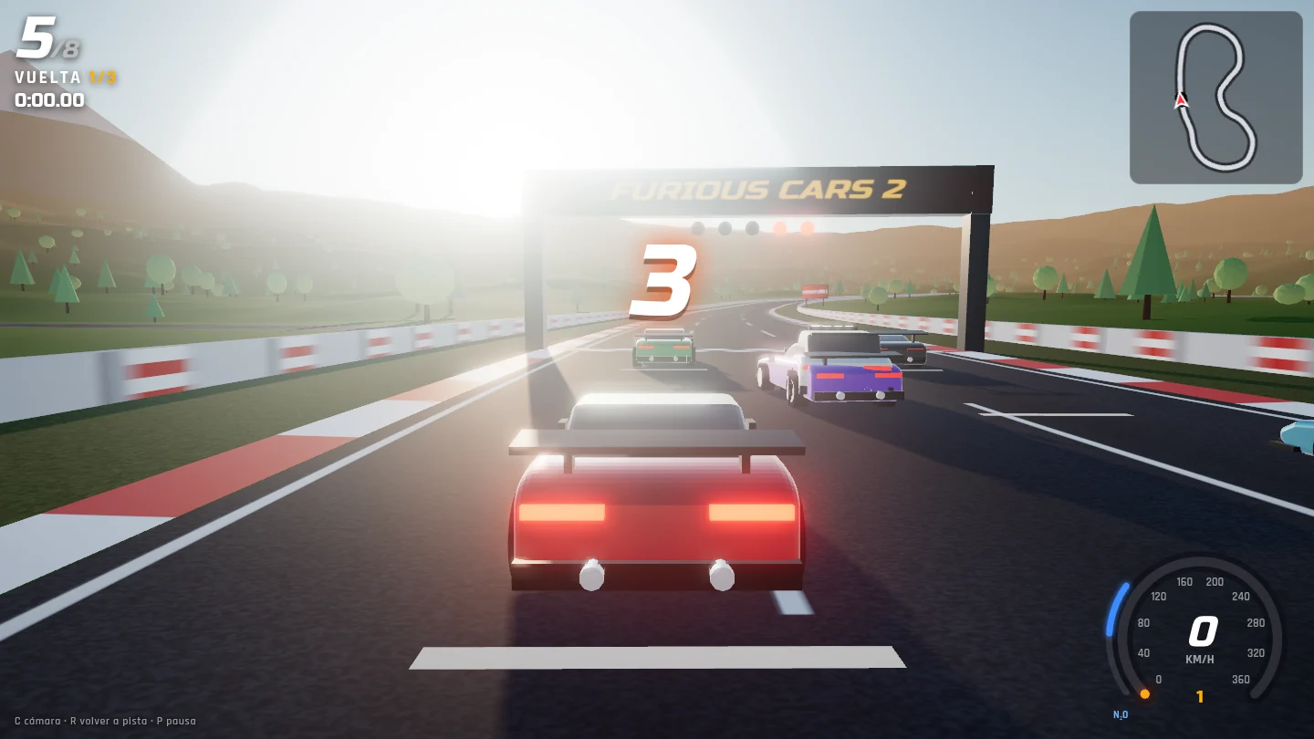 La parrilla de salida bajo el pórtico de Furious Cars 2, con el «3» de la cuenta atrás y las luces encendiéndose.