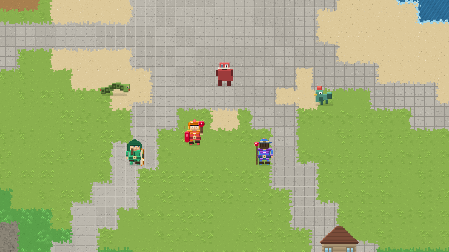 Tres guerreros frente al Invunche, un jefe rojo, con un basilisco y un culebrón cerca.