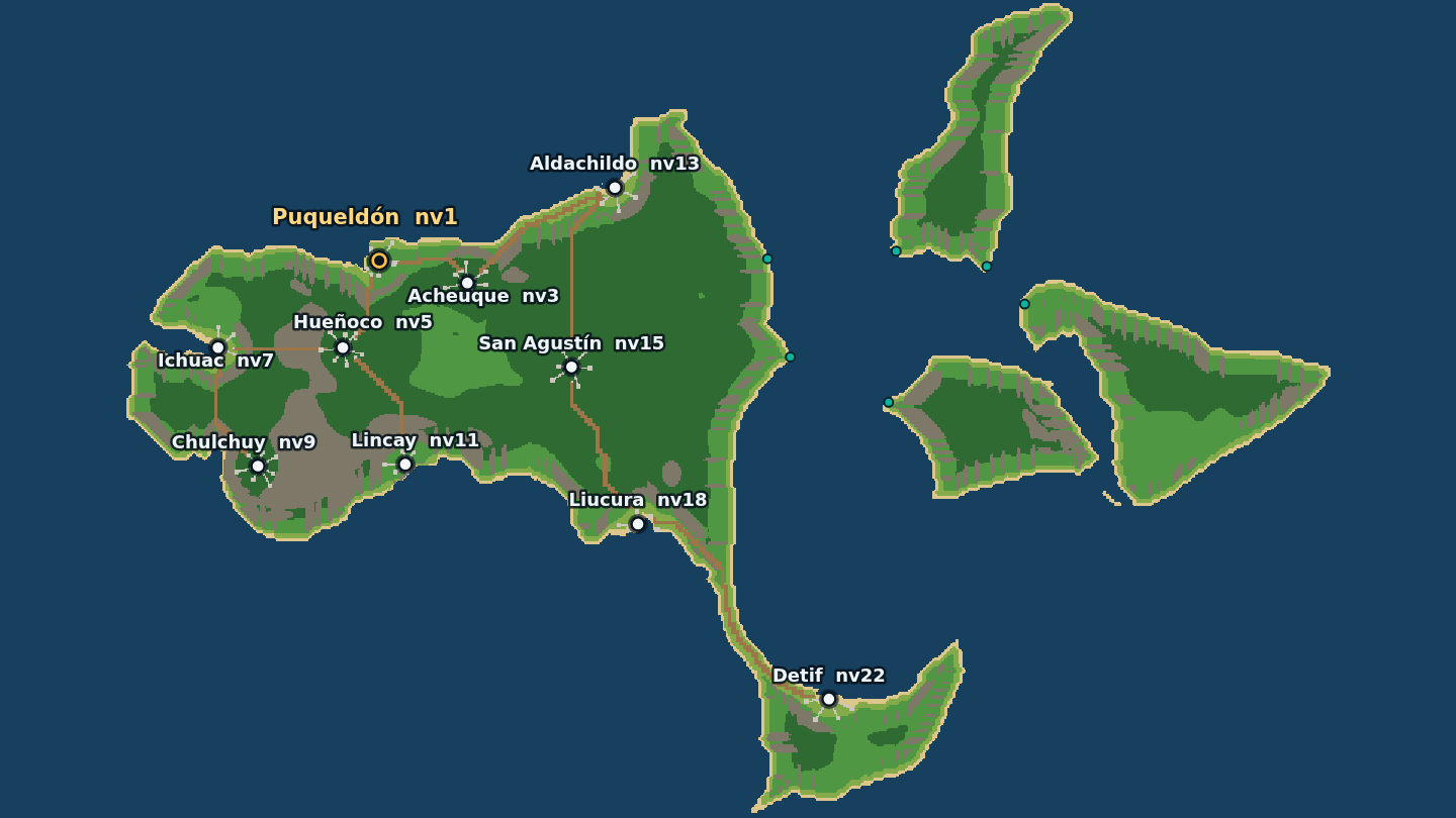 Mapa de la isla de Lemuy con sus diez villas marcadas y las islas Quehui y Chelín al este.