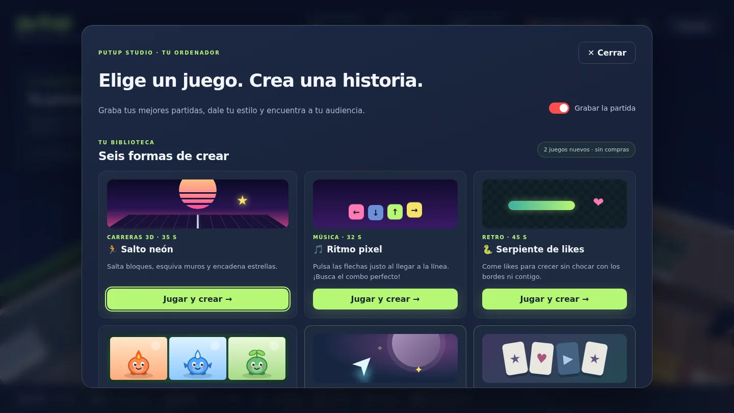 La biblioteca del ordenador con las portadas de los seis juegos y el interruptor de grabar la partida.