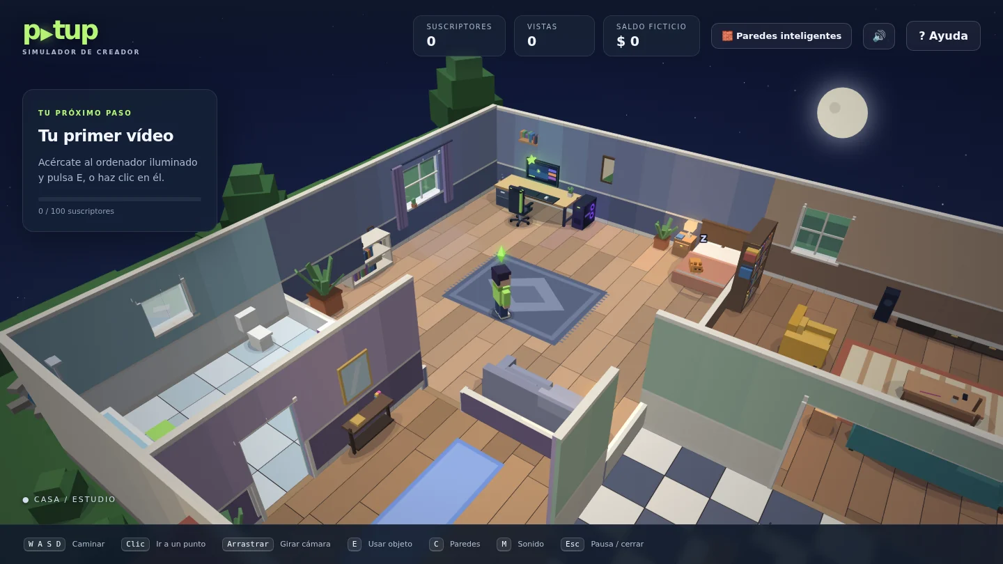 La casa vista desde arriba: el estudio con el ordenador encendido, el salón, el baño y la cocina, de noche.