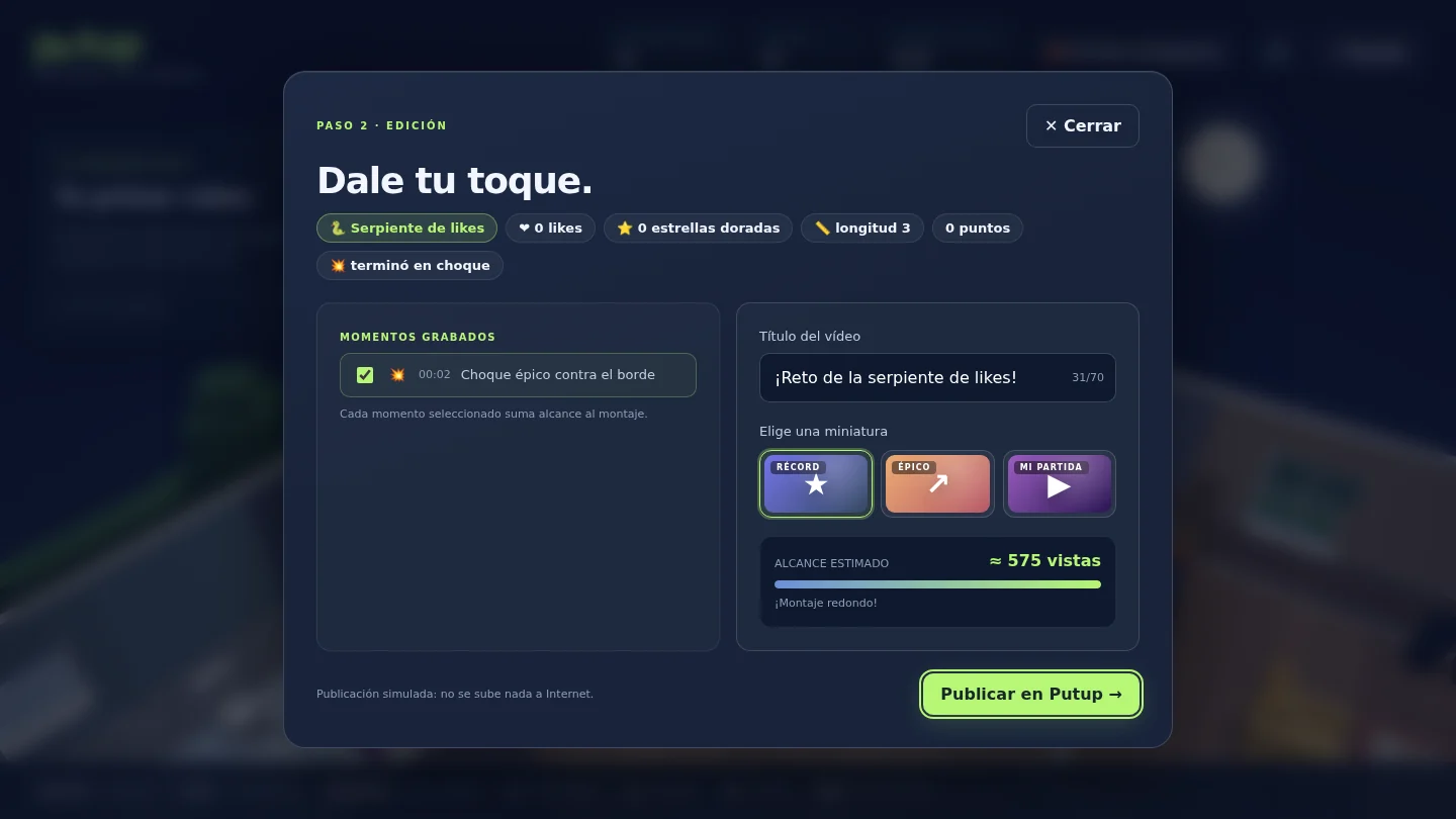 El editor de vídeo: los momentos grabados, el título, tres miniaturas a elegir y el alcance estimado.