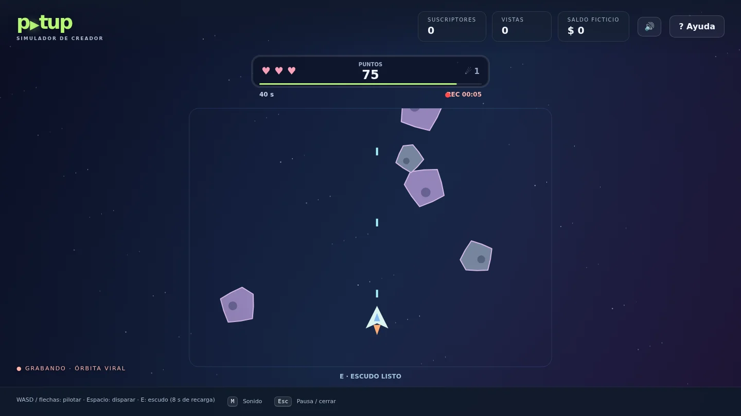 Órbita viral: una nave disparando a asteroides sobre un campo de estrellas, con tres vidas y el escudo listo.