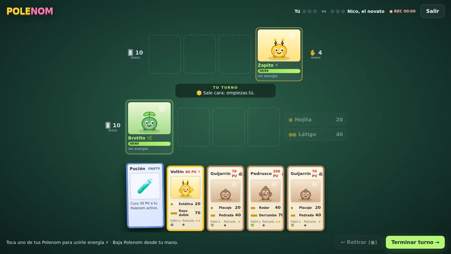 Combate de Polenom: dos criaturas enfrentadas, el banco, la mano de cartas y los ataques con su coste de energía.